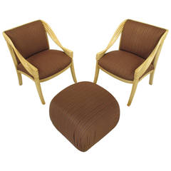 Pair of Weiman Hand-Carved Rattan-Form Lounge Chairs with Ottoman in Ivory Glaze