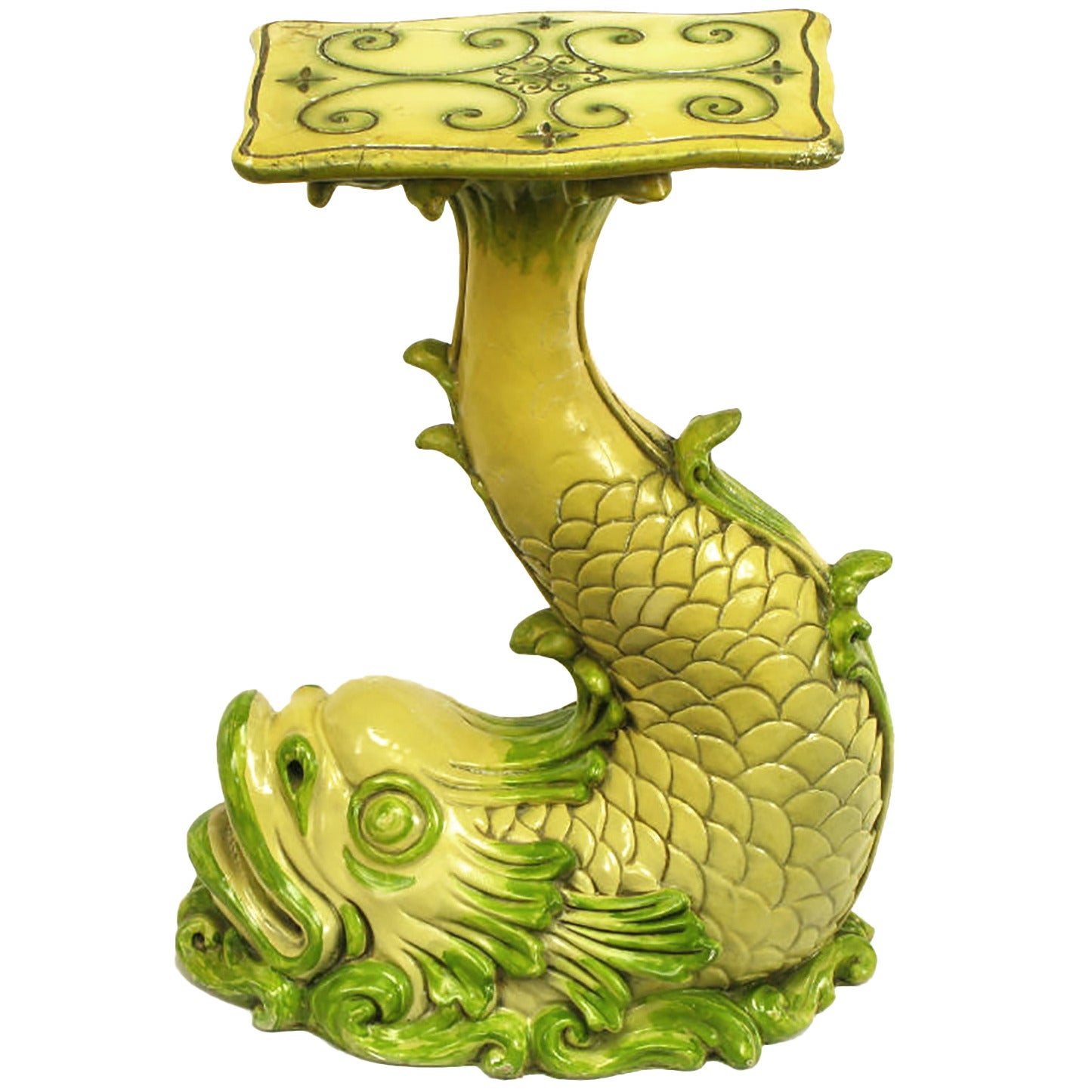Saffron Yellow & Moss Green Lacquered Dolphin Pedestal Table