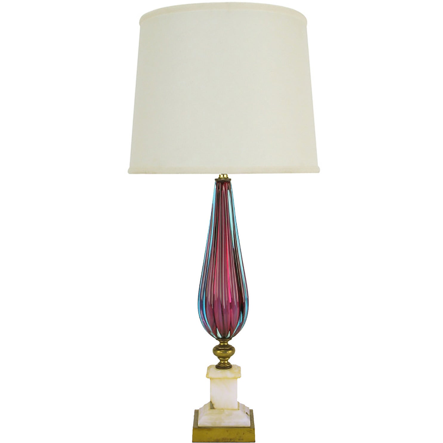 Reeded Amethyst & Aquamarine Murano Glass Table Lamp With Carrera Marble Base For Sale