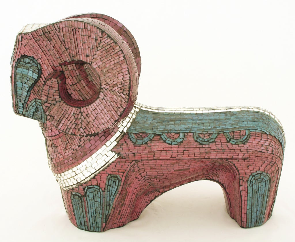 Detailed abstract ram sculpture with thousands of tiny tiles in lavender, turquoise and mirrored glass.