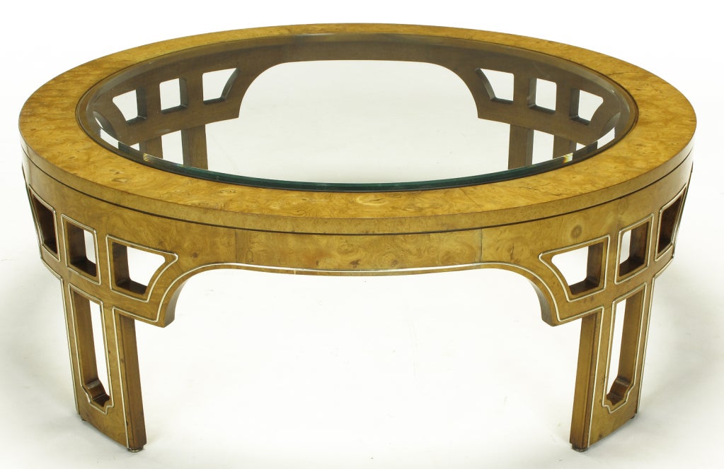 Round Burl Wood Coffee Table With Open Fretwork Legs at 1stdibs