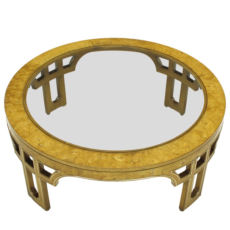 Round Burl Wood Coffee Table With Open Fretwork Legs at 1stdibs