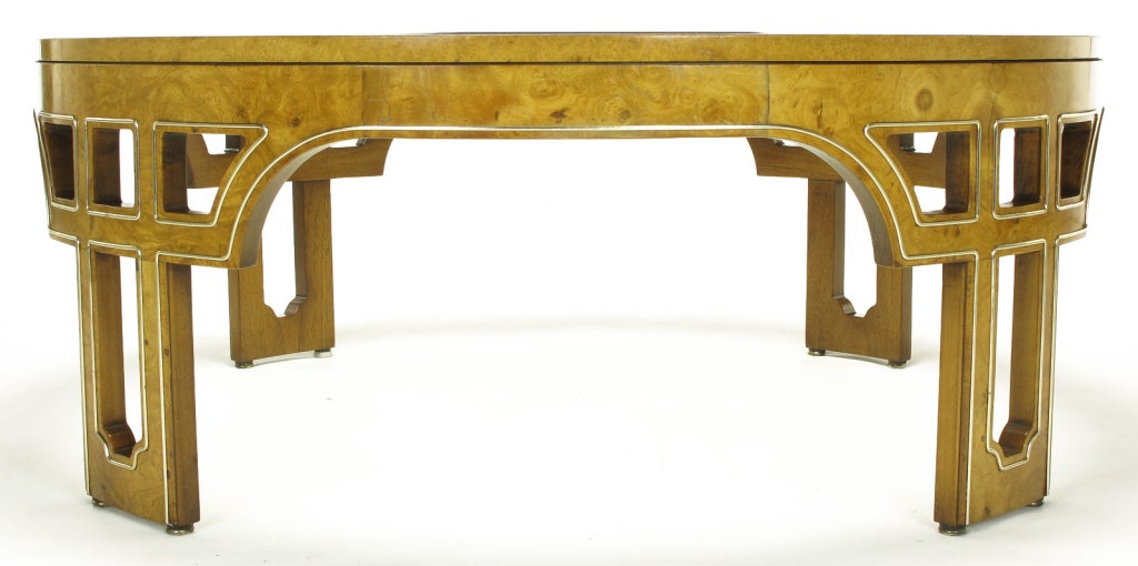 Late 20th Century Round Burl Wood Coffee Table With Open Fretwork Legs