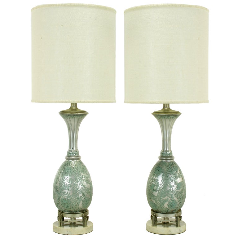 Pair of Reverse Silvered and Hand-Painted Glass Table Lamps