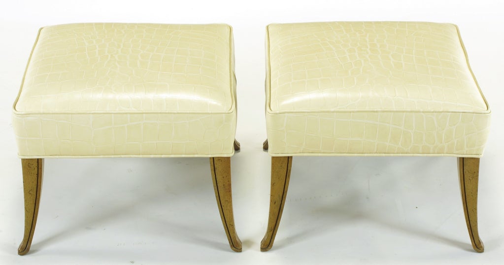 Pair Saber Leg Ottomans In Alligator Embossed Leather