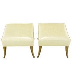 Pair Saber Leg Ottomans In Alligator Embossed Leather