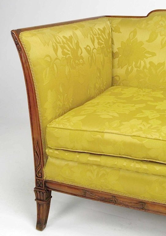 1940s Empire Sofa In Gold Damask & Carved Walnut 2