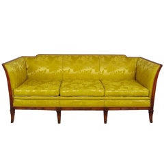 1940s Empire Sofa In Gold Damask & Carved Walnut