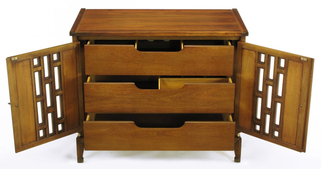 Brass Pair Walnut Floating Commodes With Open Fretwork Doors