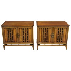 Pair Walnut Floating Commodes With Open Fretwork Doors