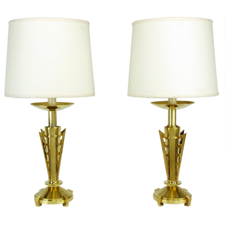 Pair Custom Art Deco Inspired Brass Table Lamps at 1stDibs