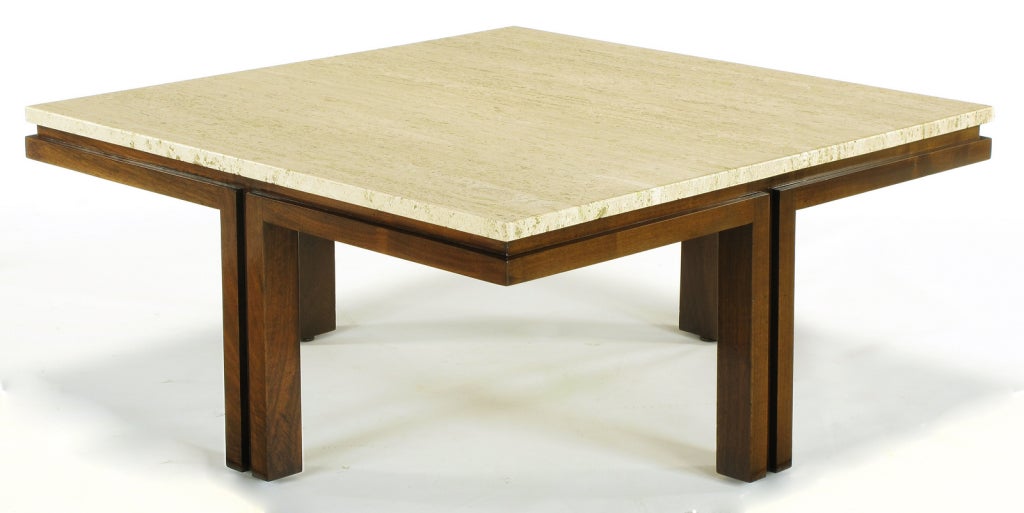 Walnut & Travertine Offset Leg Coffee Table 1