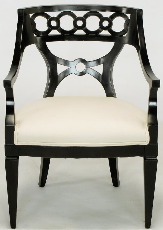 American Pair Black Lacquer & Wool Arm Chairs With Interlocking Rings