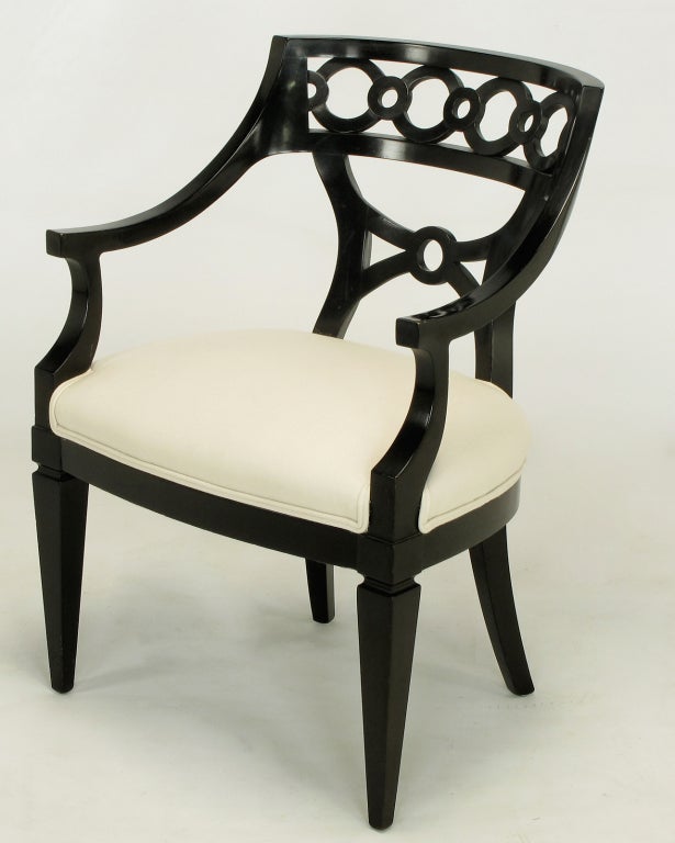 Mid-20th Century Pair Black Lacquer & Wool Arm Chairs With Interlocking Rings