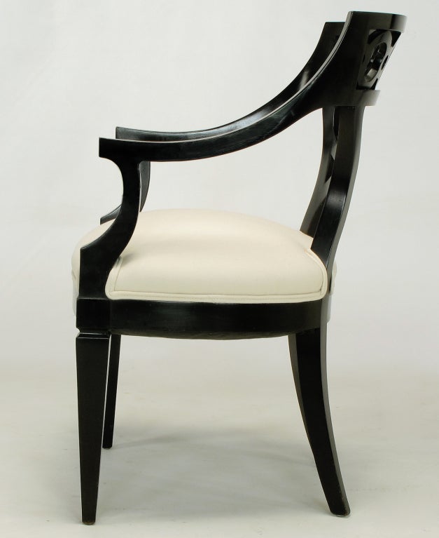 Pair Black Lacquer & Wool Arm Chairs With Interlocking Rings 1
