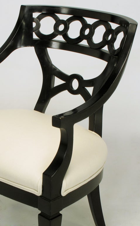 Pair Black Lacquer & Wool Arm Chairs With Interlocking Rings 3