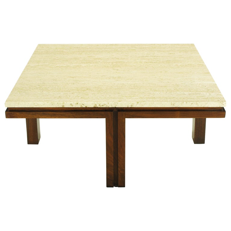 Walnut & Travertine Offset Leg Coffee Table