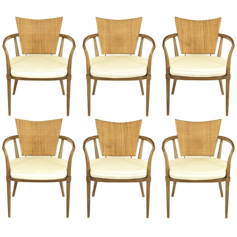 Six Bert England Mahogany, Brass & Cane Arm Chairs