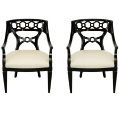 Pair Black Lacquer & Wool Arm Chairs With Interlocking Rings