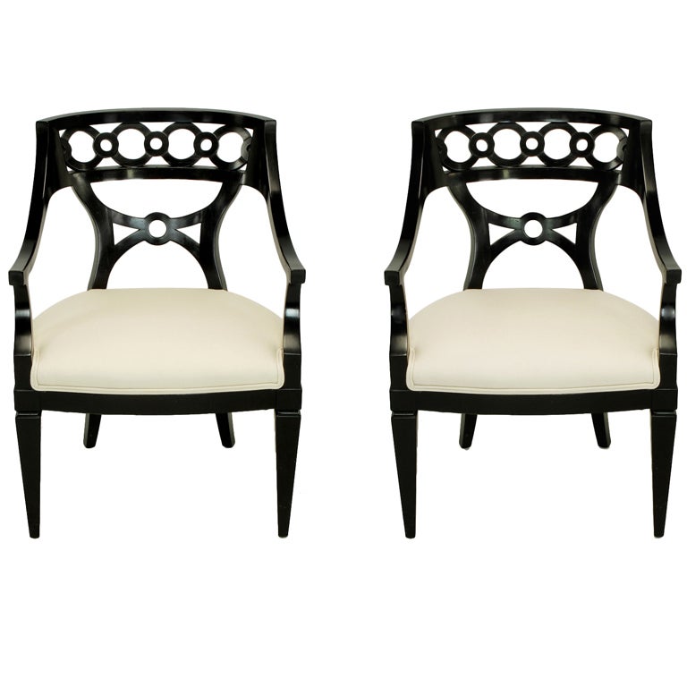 Pair Black Lacquer & Wool Arm Chairs With Interlocking Rings