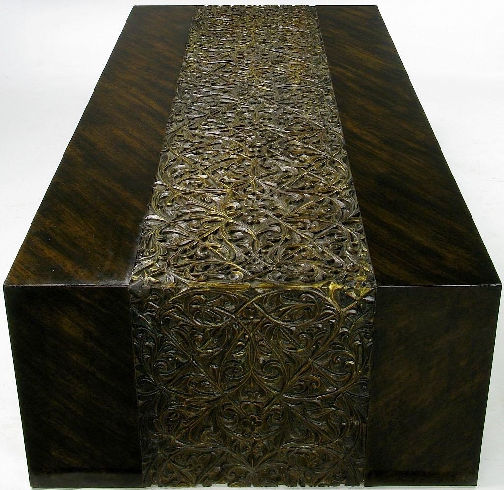 This impressively sized coffee table was created by Beverly Hills designer-to-the-stars, Phyllis Morris. Creatively finished as dark-stained zebrano wood on the diagonal, with a gilded resin inset relief, cast in an arabesque pattern.