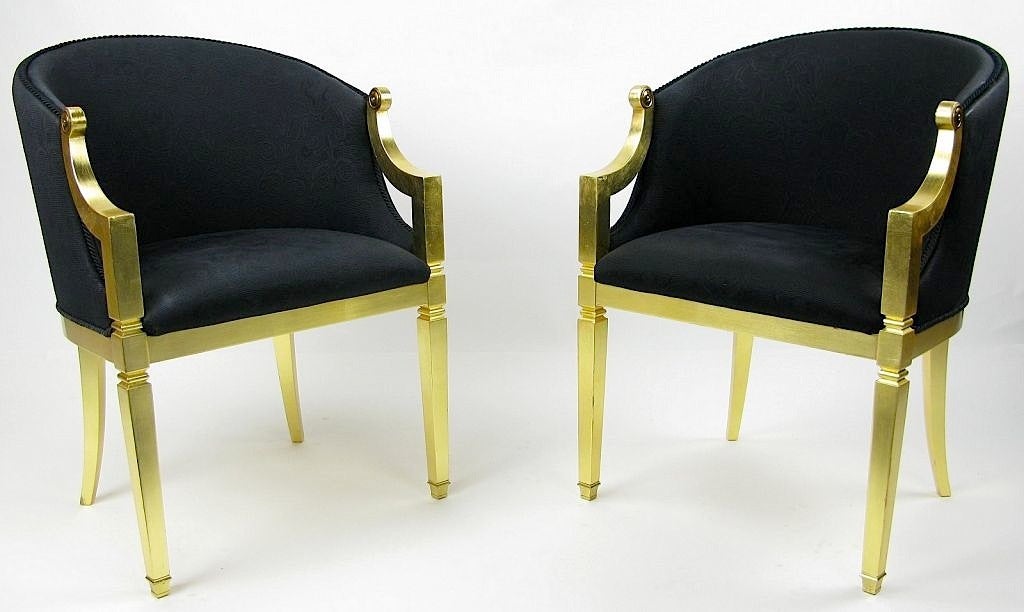 Pair Gilt Frame & Black Upholstered Barrel Chairs
