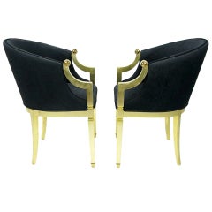 Pair Gilt Frame & Black Upholstered Barrel Chairs