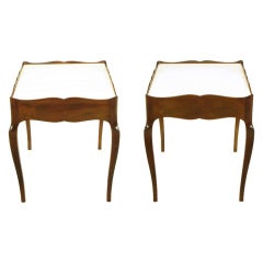 Pair Galleried Beech End Tables With White Carrera Tops