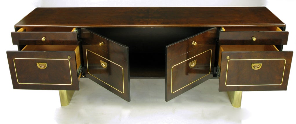 Romweber Burled Walnut and Brass Campaign-Modern Credenza In Good Condition For Sale In Chicago, IL