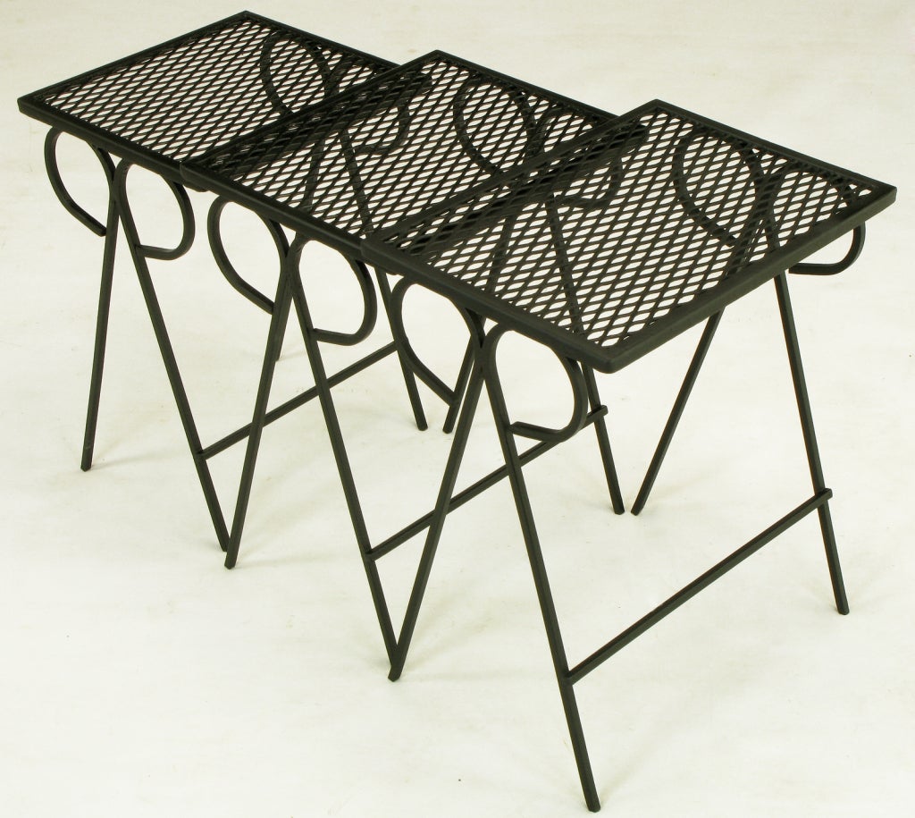 American Set Three Black Wrought Iron Nesting Tables Attr. Salterini