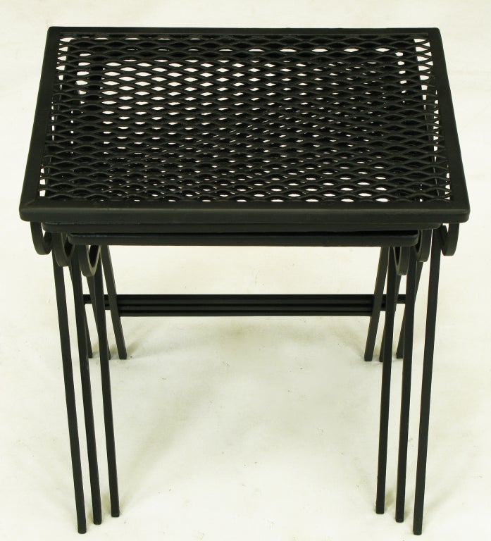 Mid-20th Century Set Three Black Wrought Iron Nesting Tables Attr. Salterini