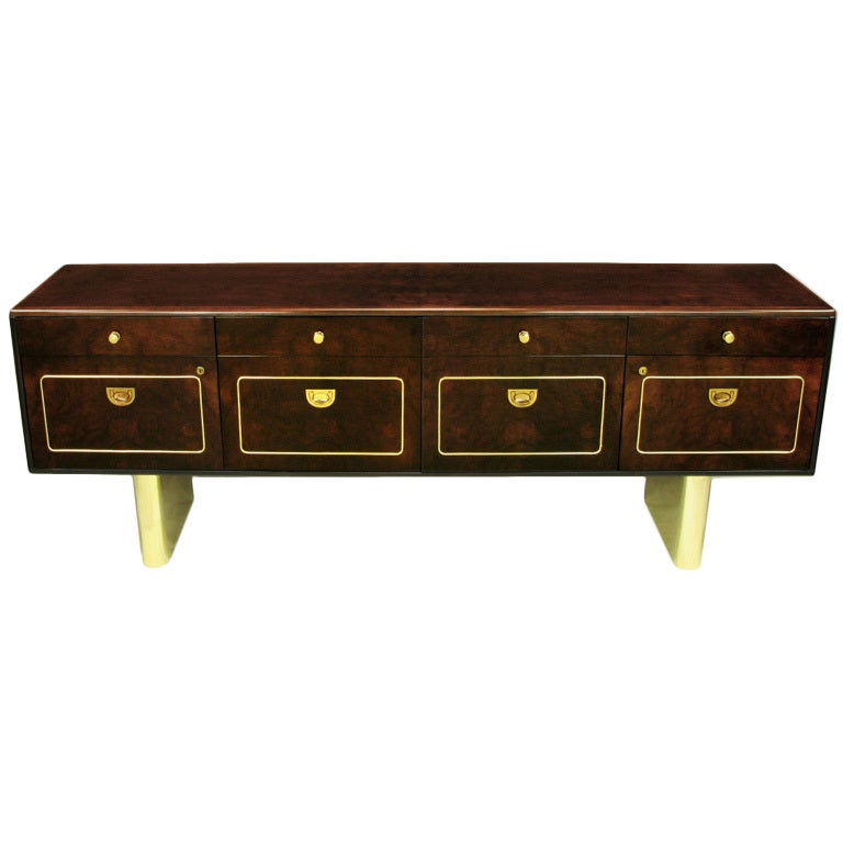 Romweber Burled Walnut and Brass Campaign-Modern Credenza For Sale