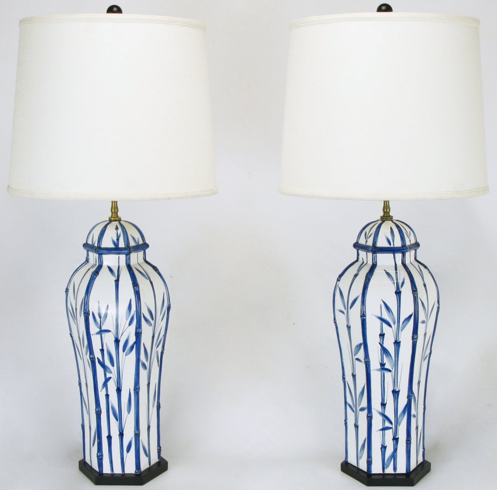 Pair Chapman White & Blue Ceramic Ginger Jar Table Lamps