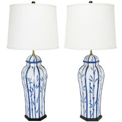Pair Chapman White & Blue Ceramic Ginger Jar Table Lamps