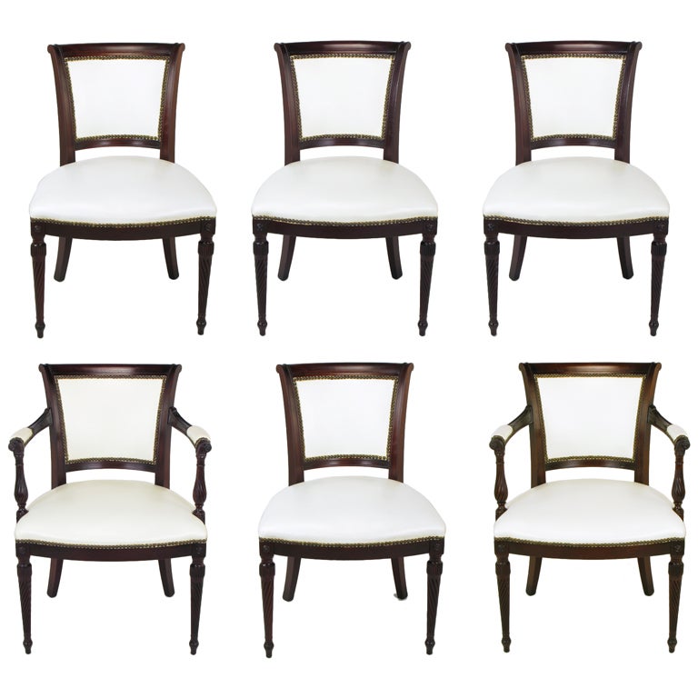 Six 1940s Louis XVI Style Cherry 
White Leather Dining Chairs