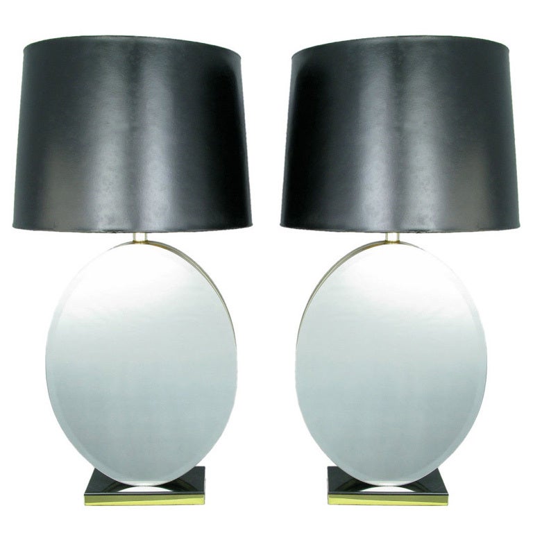 Pair of Oval Beveled Mirror Table Lamps For Sale