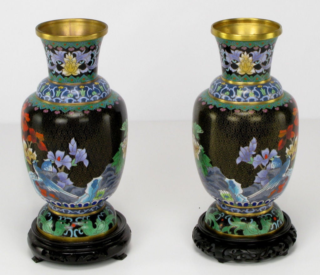 Chinese Pair Colorful Floral Cloisonne Vases On Carved Bases For Sale