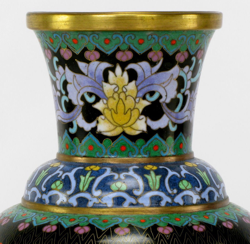 Pair Colorful Floral Cloisonne Vases On Carved Bases In Good Condition For Sale In Chicago, IL