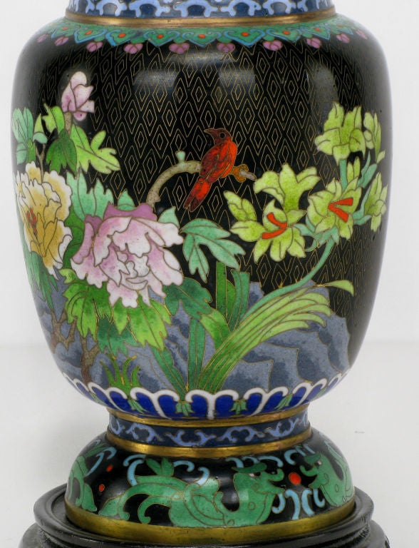 Mid-20th Century Pair Colorful Floral Cloisonne Vases On Carved Bases For Sale