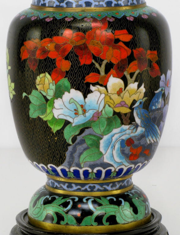 Pair Colorful Floral Cloisonne Vases On Carved Bases For Sale 3