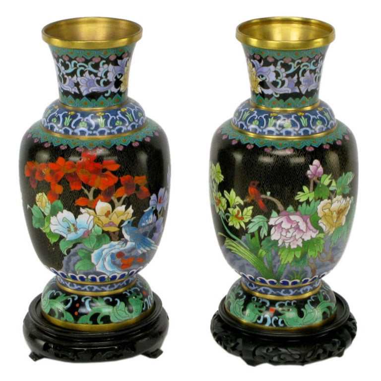 Pair Colorful Floral Cloisonne Vases On Carved Bases For Sale