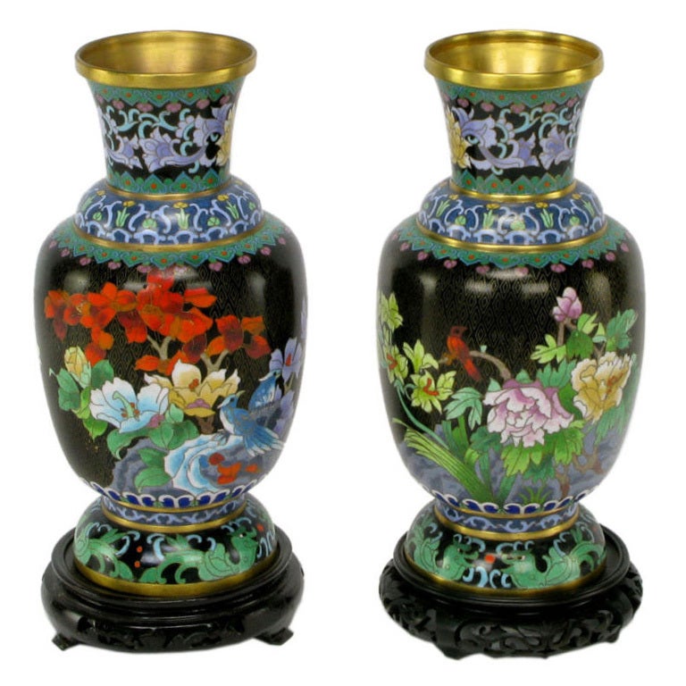 Pair Colorful Floral Cloisonne Vases On Carved Bases For Sale at 1stDibs