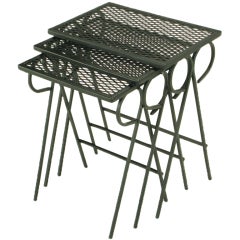 Retro Set Three Black Wrought Iron Nesting Tables Attr. Salterini