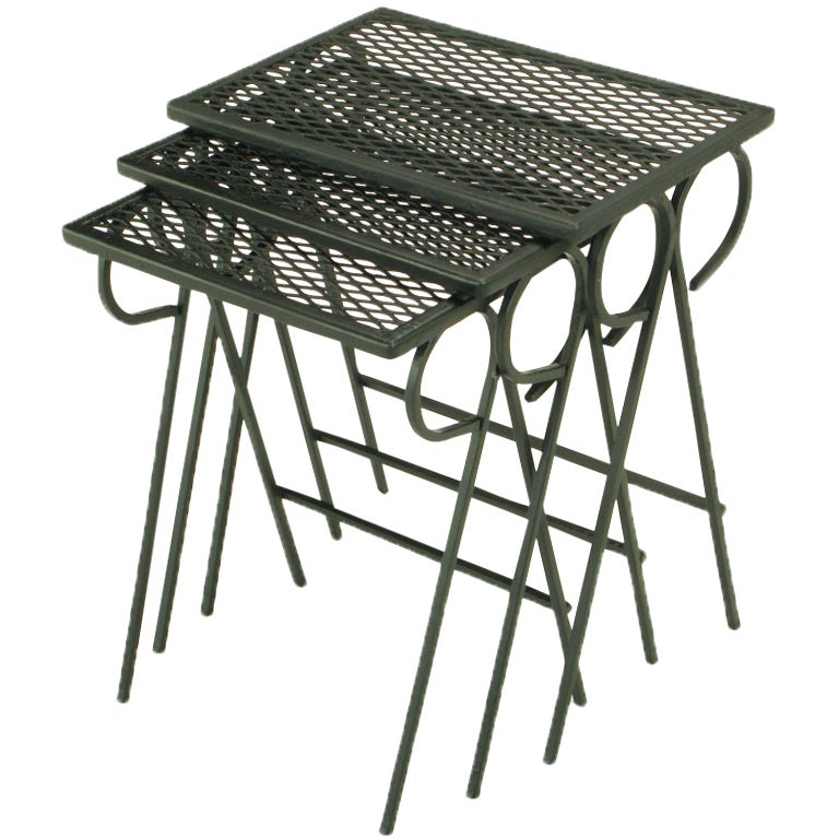 Set Three Black Wrought Iron Nesting Tables Attr. Salterini