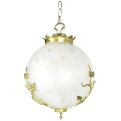 Etched & Cut Glass Round Pendant Light Cradled In Brass Vines