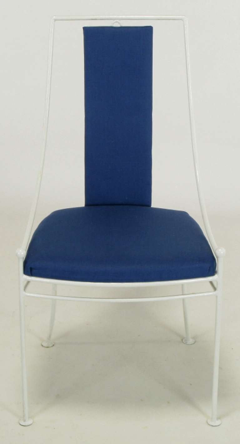 Six White Lacquered Iron & Blue Linen Dining Chairs