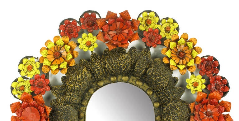 Mexican Artes De Mexico Mirror with Red, Yellow and Orange Tole Flower Surround