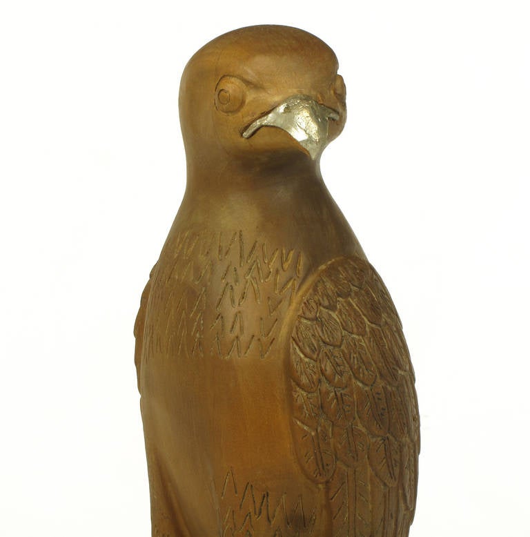 Late 20th Century Carved Wood and Silver Sculpture of Raptor Bird on Falconer's Hand For Sale