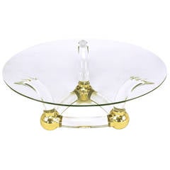 Round Coffee Table with Thick Curved Lucite and Brass Ball Base