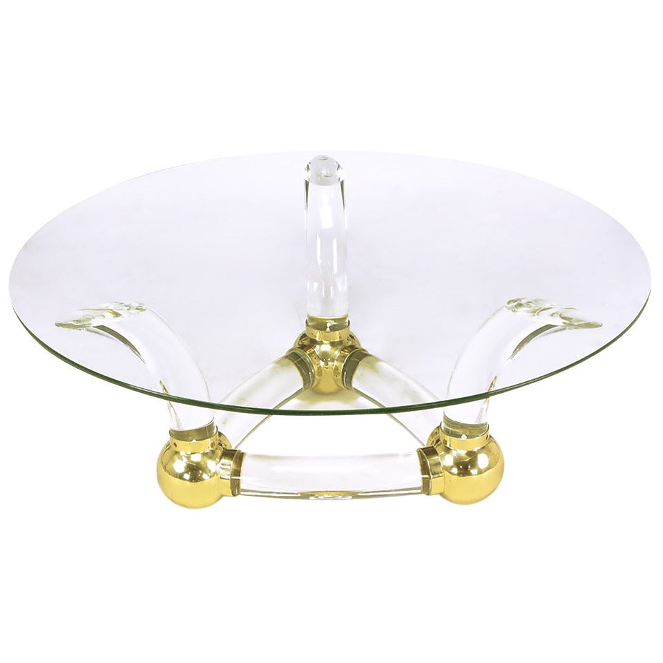 Round Coffee Table with Thick Curved Lucite and Brass Ball Base For Sale